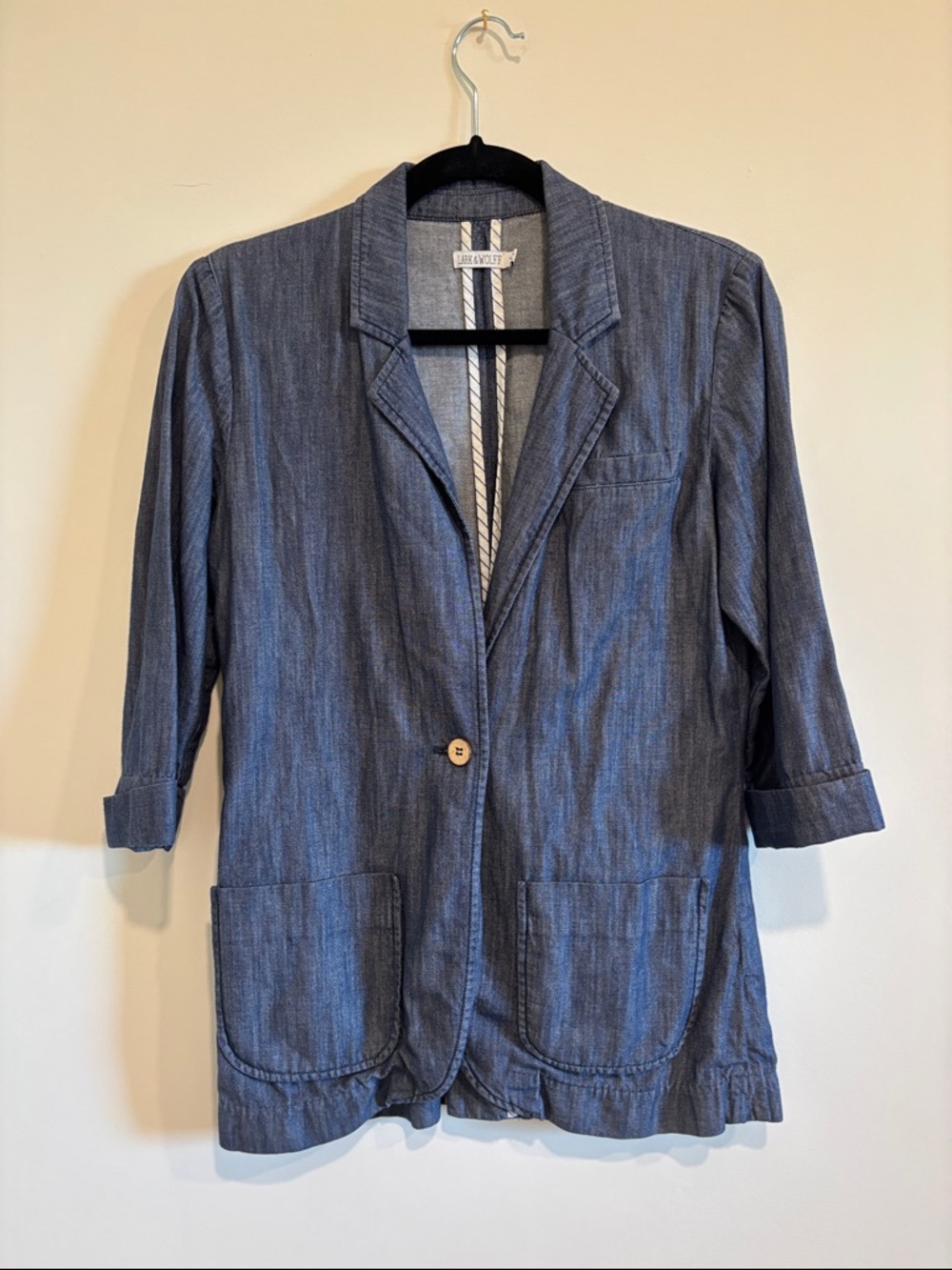LARK & WOLFF Anthropologie Medium Cotton Chambray‎ One Button Blazer 3/4 Sleeve